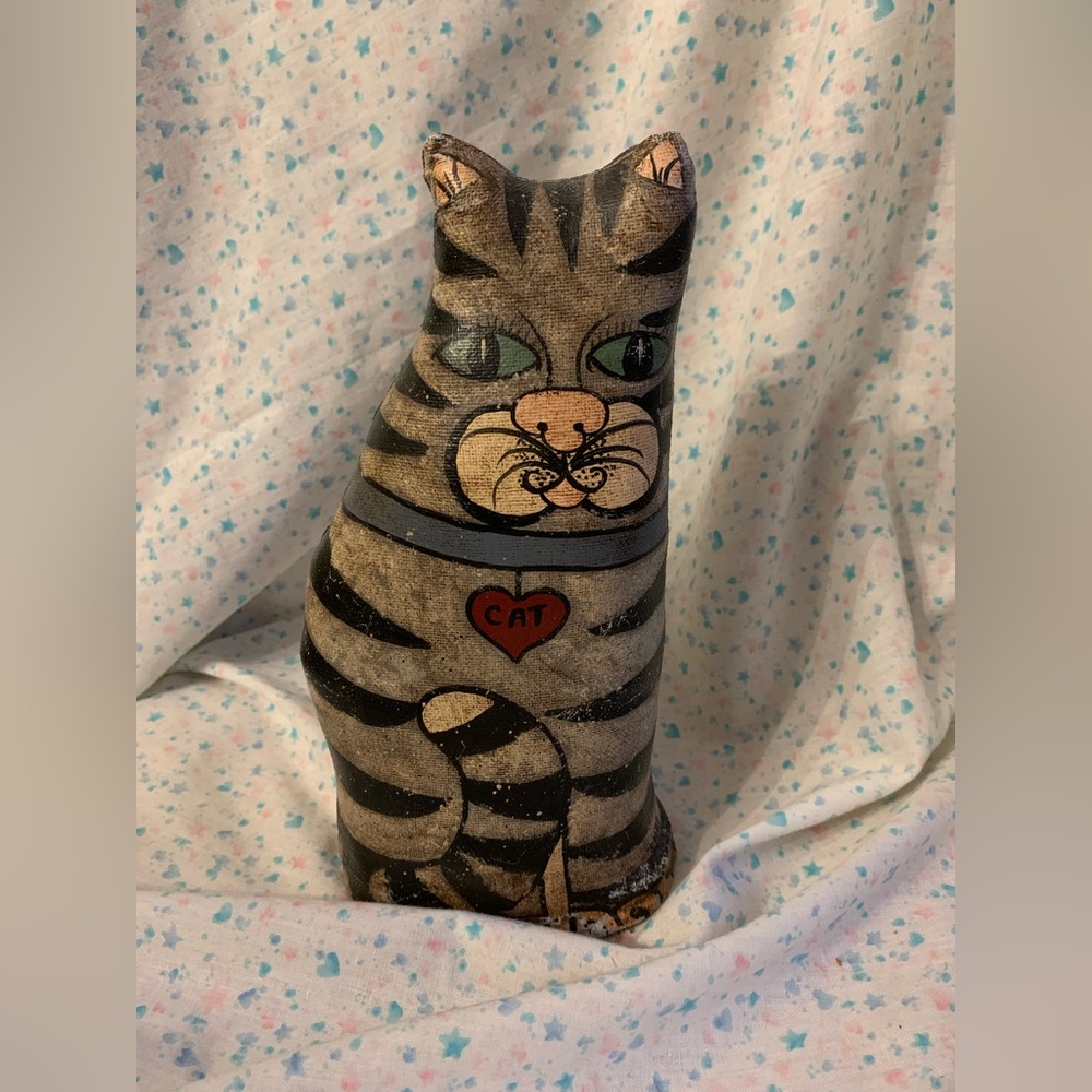 Vintage Handmade Painted Cat Vinyl Fabric Wood Base 80s Primitive Folk Art
